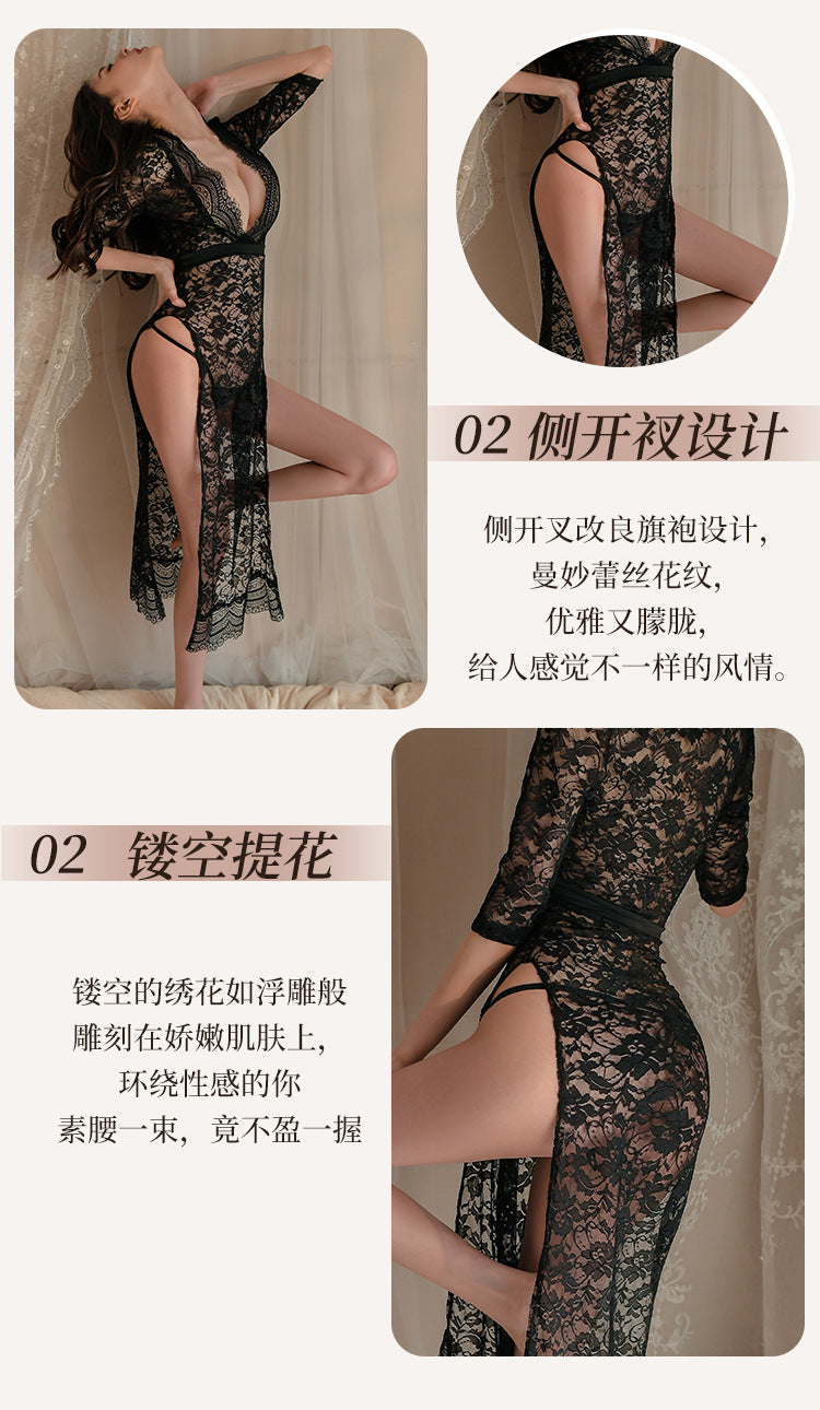 New Sexy Lingerie Lace Temptation Long Dress Hot Side Slit Slim Fit Uniform Pajamas for Women - Seldom Seen Styles