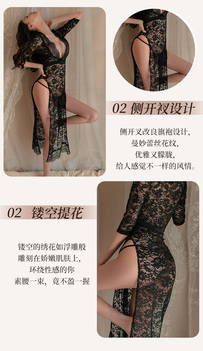 New Sexy Lingerie Lace Temptation Long Dress Hot Side Slit Slim Fit Uniform Pajamas for Women - Seldom Seen Styles