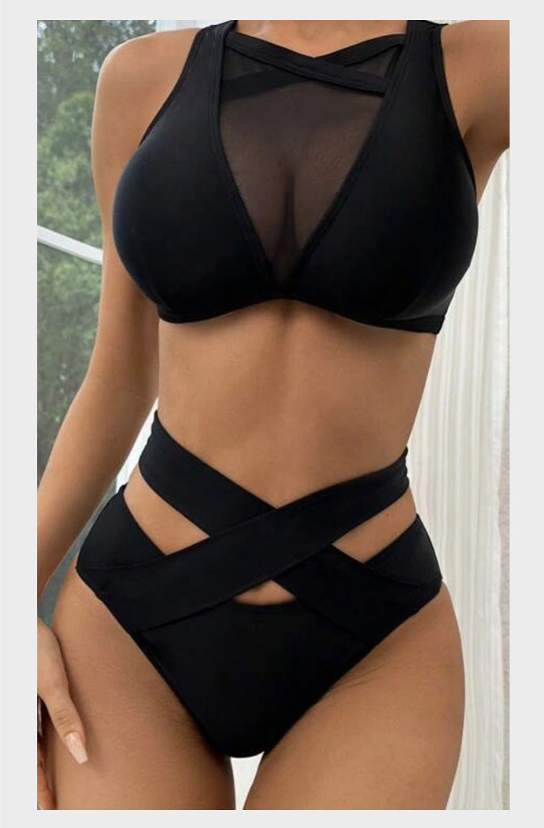 New Sexy Solid Color Mesh Hollow Bikini bikini Women's Swimsuit with Straps - Seldom Seen Styles