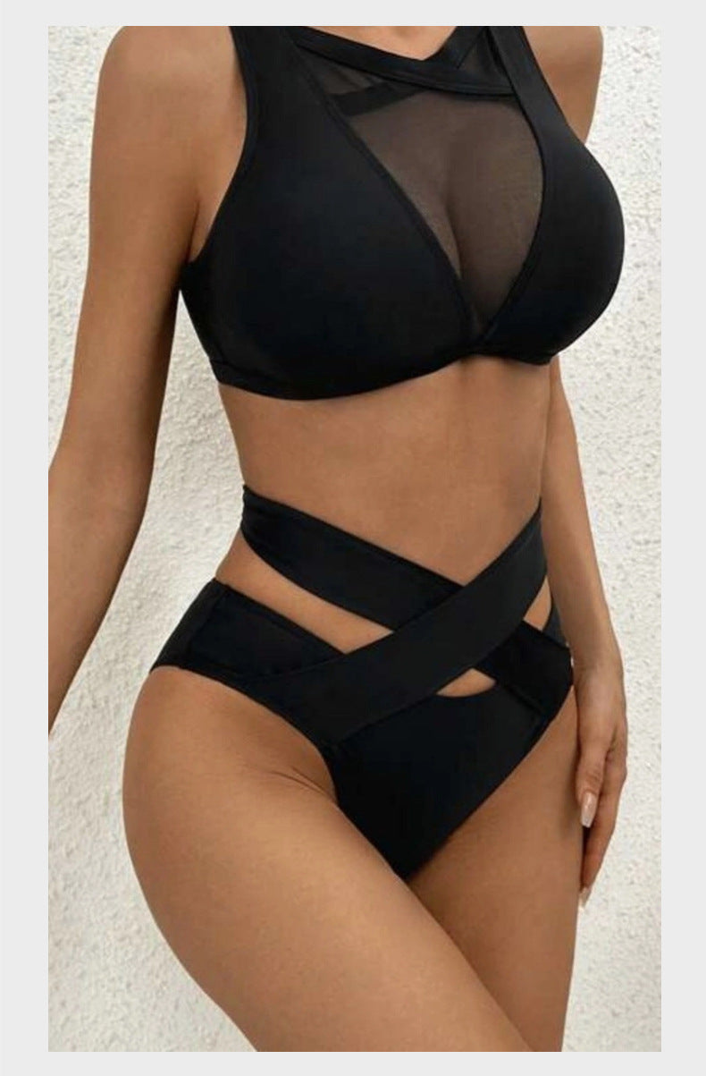 New Sexy Solid Color Mesh Hollow Bikini bikini Women's Swimsuit with Straps - Seldom Seen Styles
