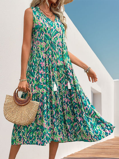 New Style Summer  Vacation Sleeveless v Abstract Print Dress with Tassel Detail - Seldom Seen Styles