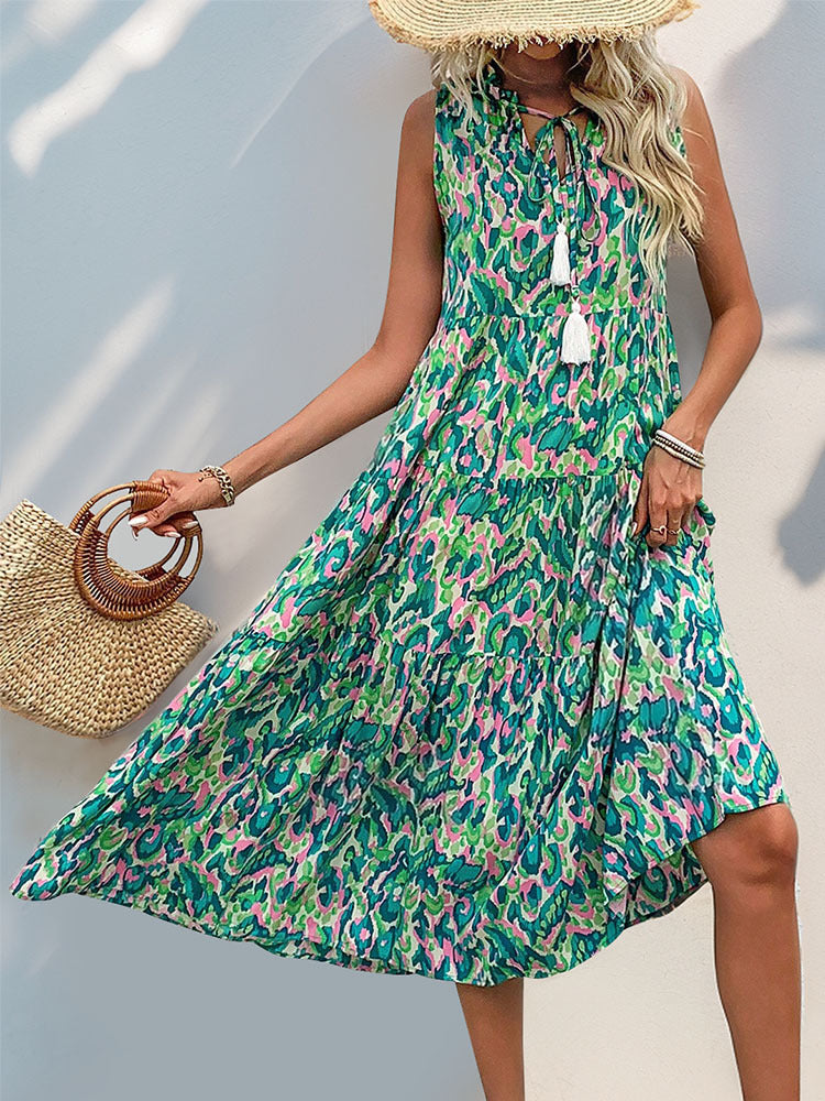 New Style Summer  Vacation Sleeveless v Abstract Print Dress with Tassel Detail - Seldom Seen Styles