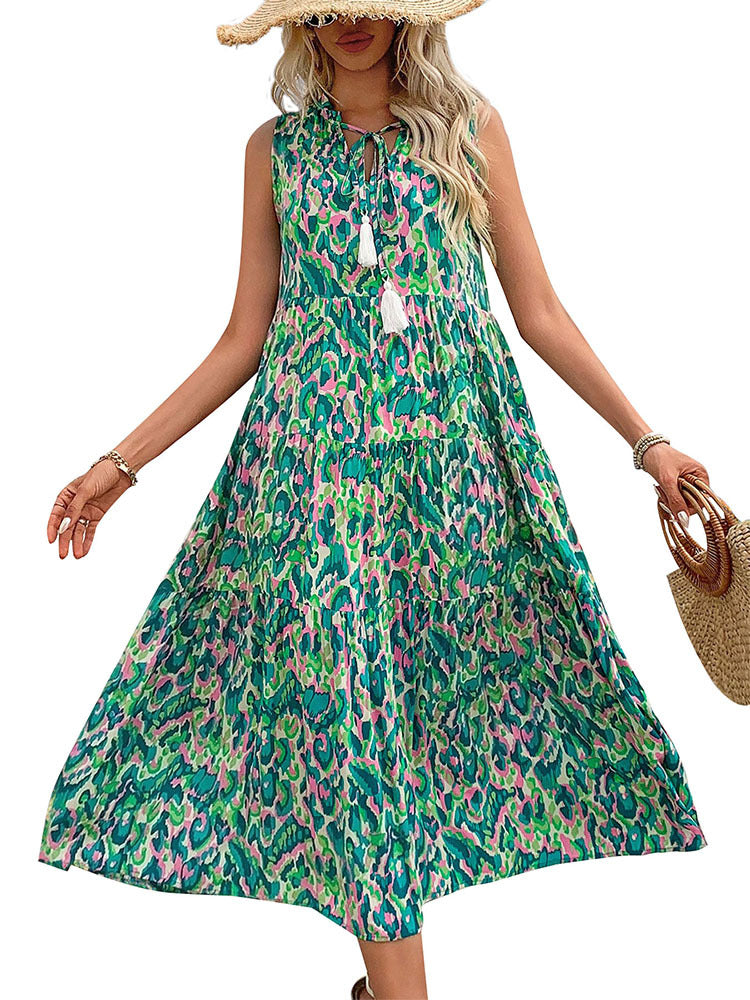 New Style Summer  Vacation Sleeveless v Abstract Print Dress with Tassel Detail - Seldom Seen Styles