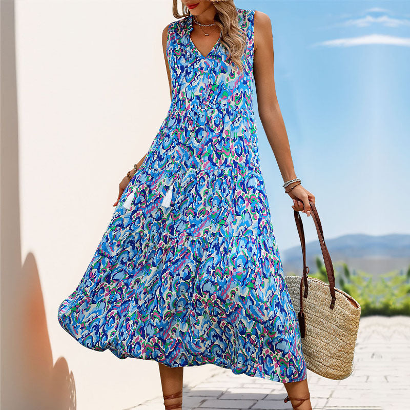 New Style Summer  Vacation Sleeveless v Abstract Print Dress with Tassel Detail - Seldom Seen Styles