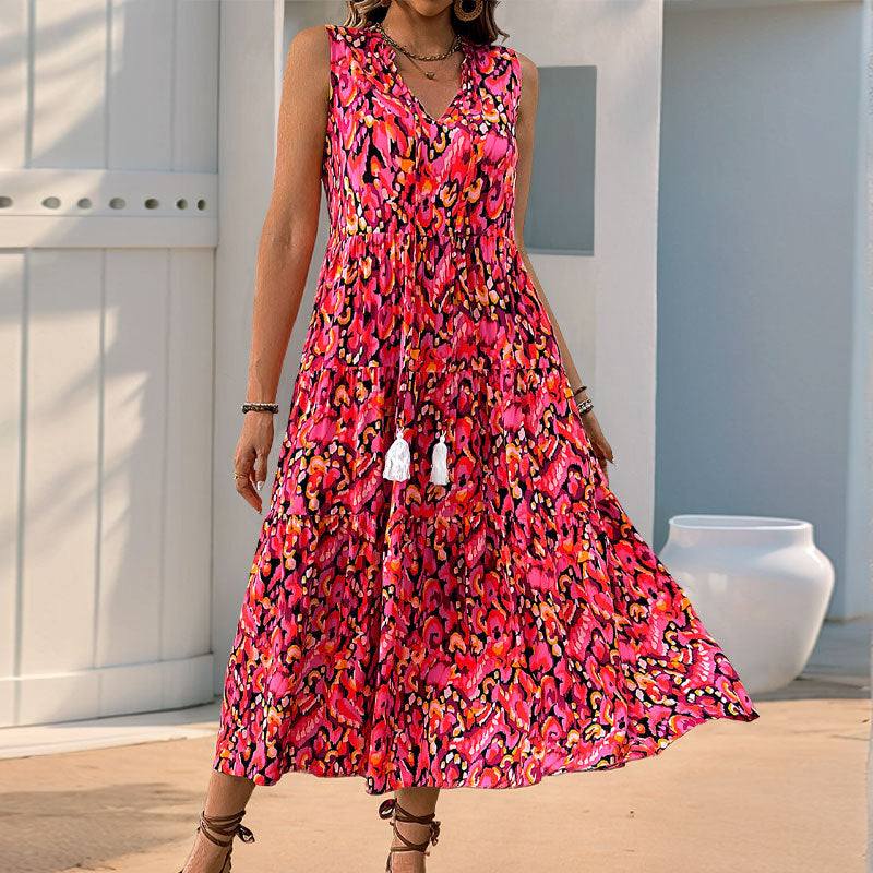New Style Summer  Vacation Sleeveless v Abstract Print Dress with Tassel Detail - Seldom Seen Styles