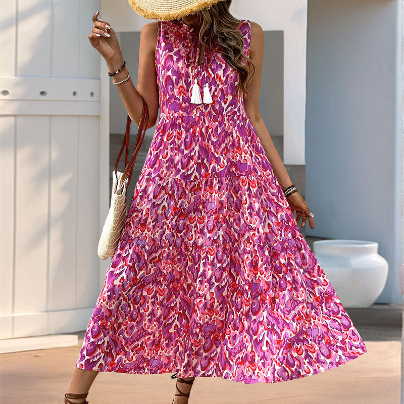 New Style Summer  Vacation Sleeveless v Abstract Print Dress with Tassel Detail - Seldom Seen Styles