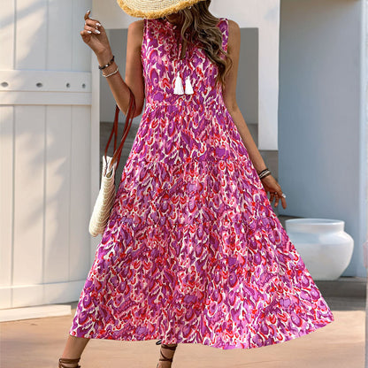 New Style Summer  Vacation Sleeveless v Abstract Print Dress with Tassel Detail - Seldom Seen Styles