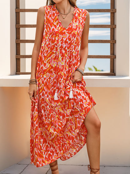 New Style Summer  Vacation Sleeveless v Abstract Print Dress with Tassel Detail - Seldom Seen Styles
