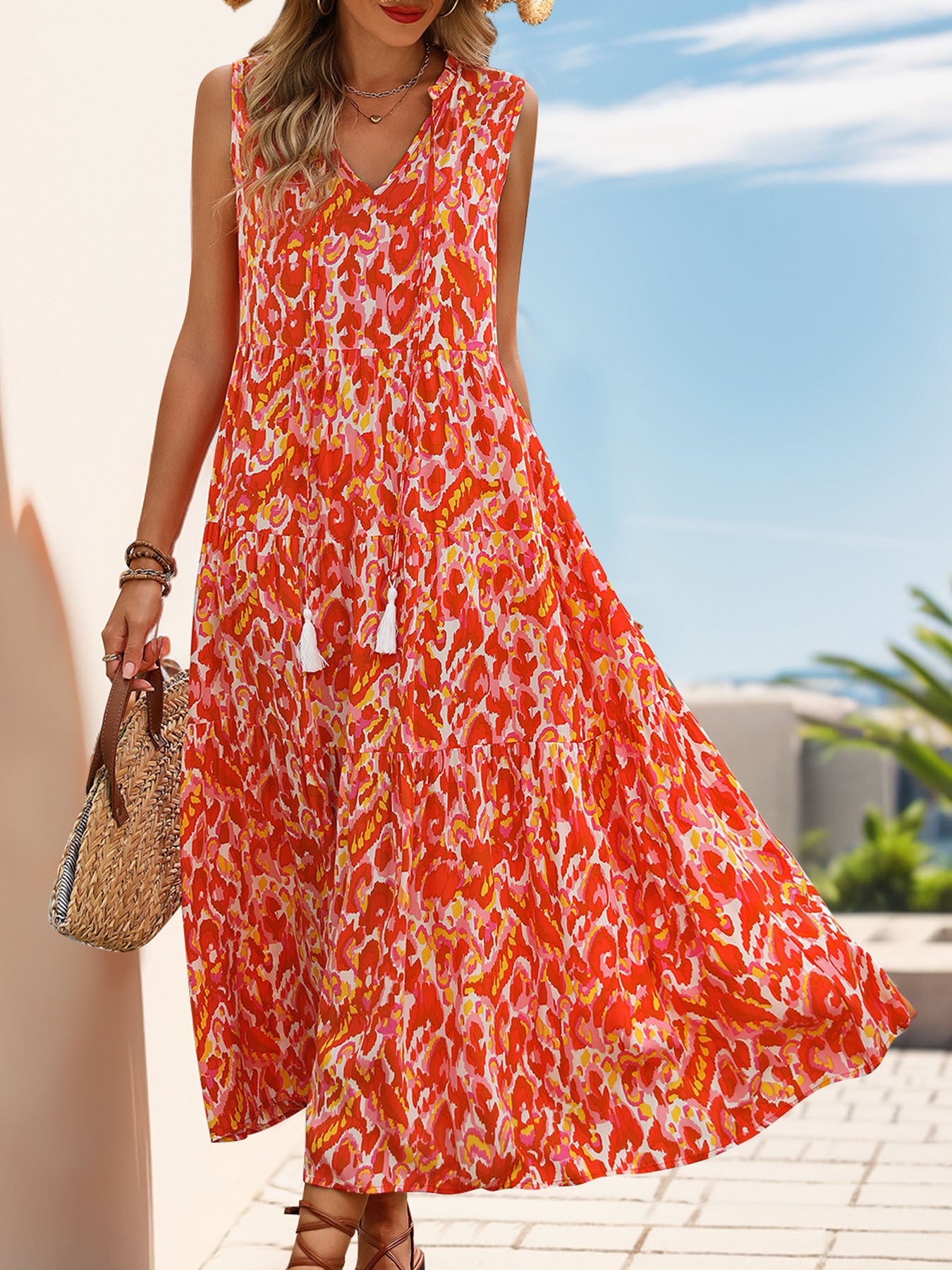 New Style Summer  Vacation Sleeveless v Abstract Print Dress with Tassel Detail - Seldom Seen Styles