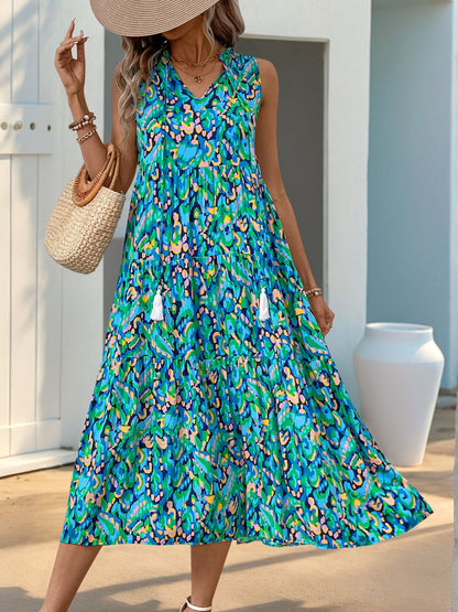 New Style Summer  Vacation Sleeveless v Abstract Print Dress with Tassel Detail - Seldom Seen Styles
