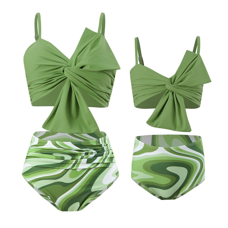 New Style Swimsuit Solid Color Big Bow Bikini Printed Swim Shorts Parent-Child Two-Piece Swimwear - Seldom Seen Styles
