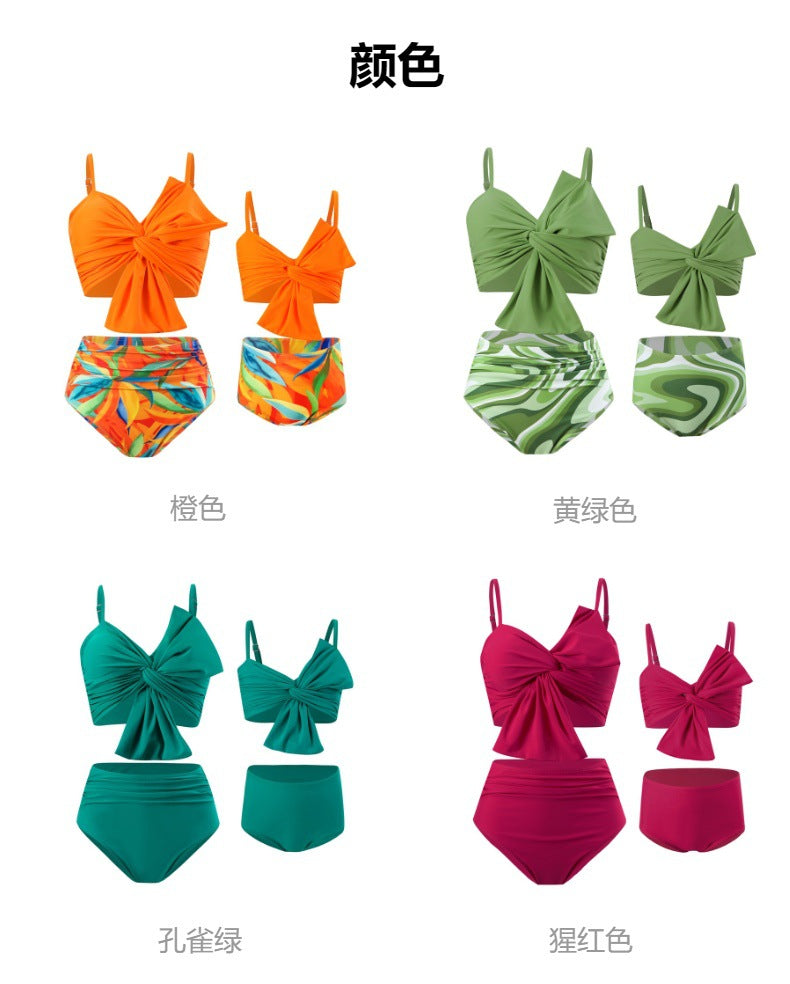 New Style Swimsuit Solid Color Big Bow Bikini Printed Swim Shorts Parent-Child Two-Piece Swimwear - Seldom Seen Styles
