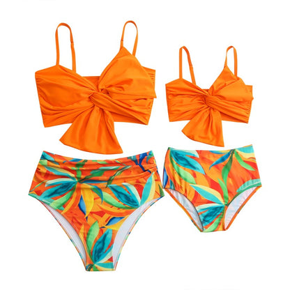 New Style Swimsuit Solid Color Big Bow Bikini Printed Swim Shorts Parent-Child Two-Piece Swimwear - Seldom Seen Styles
