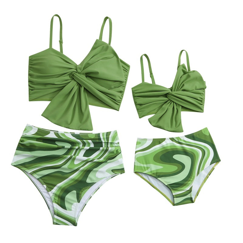 New Style Swimsuit Solid Color Big Bow Bikini Printed Swim Shorts Parent-Child Two-Piece Swimwear - Seldom Seen Styles