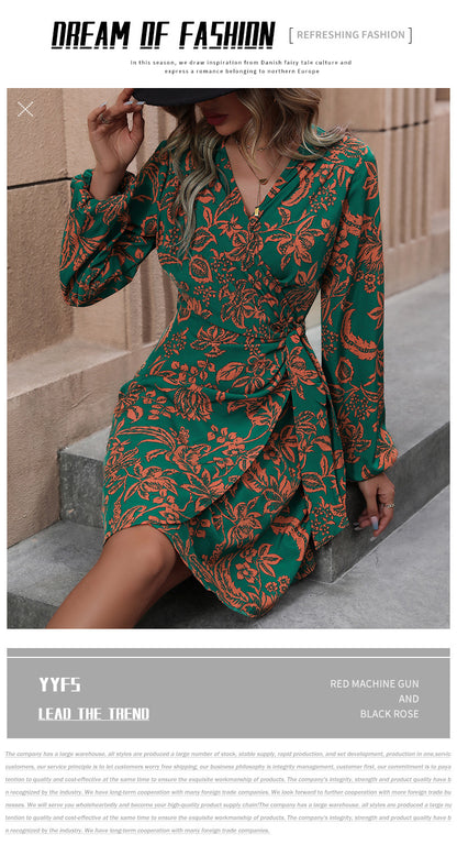 New V-Neck Long Sleeve Fashion One-Piece A- line Skirt Printed Dress - Seldom Seen Styles