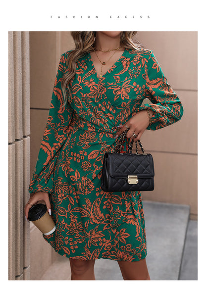 New V-Neck Long Sleeve Fashion One-Piece A- line Skirt Printed Dress - Seldom Seen Styles
