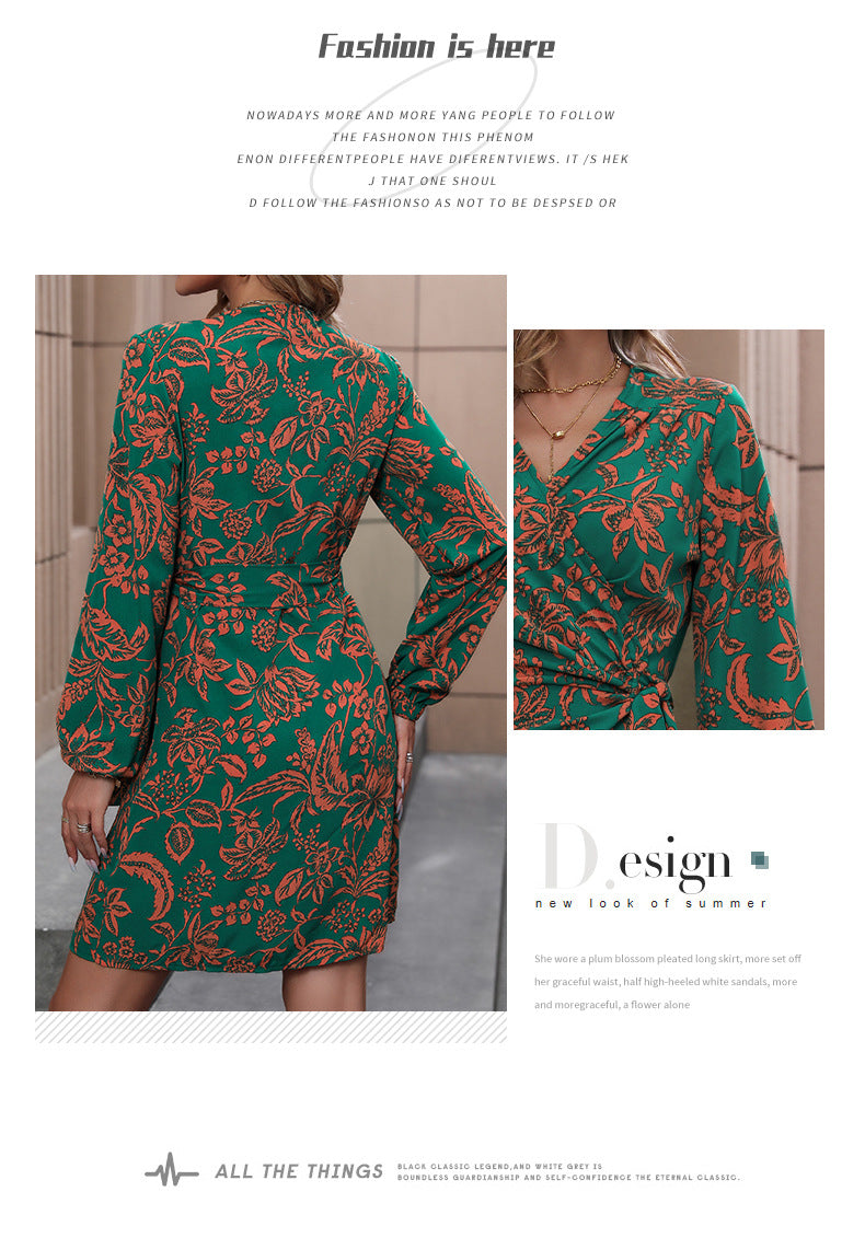 New V-Neck Long Sleeve Fashion One-Piece A- line Skirt Printed Dress - Seldom Seen Styles