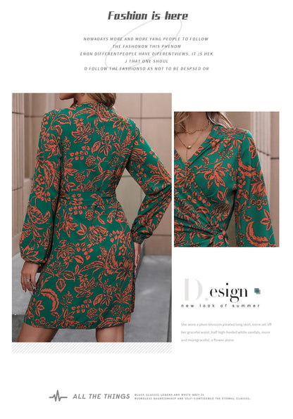 New V-Neck Long Sleeve Fashion One-Piece A- line Skirt Printed Dress - Seldom Seen Styles