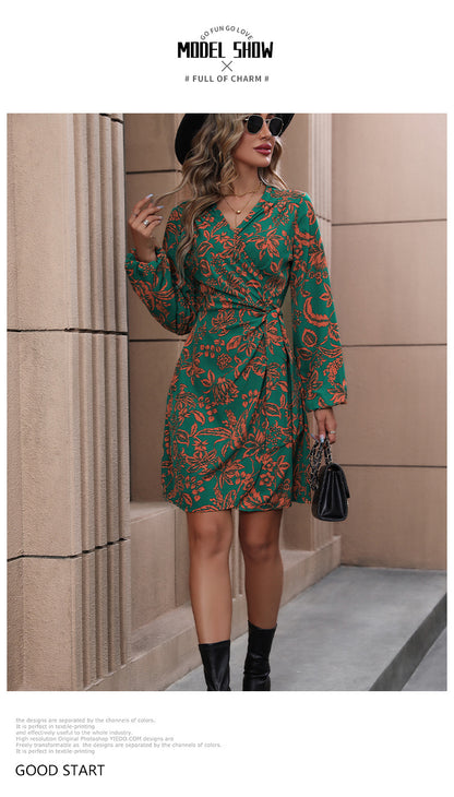 New V-Neck Long Sleeve Fashion One-Piece A- line Skirt Printed Dress - Seldom Seen Styles