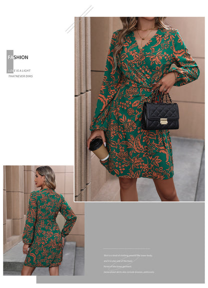 New V-Neck Long Sleeve Fashion One-Piece A- line Skirt Printed Dress - Seldom Seen Styles