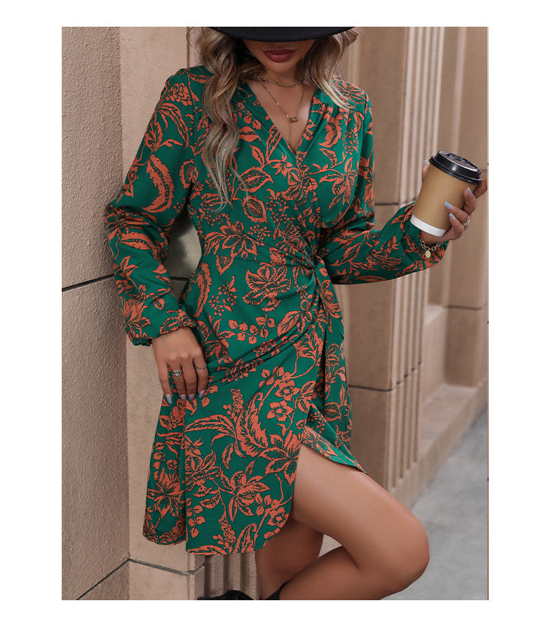 New V-Neck Long Sleeve Fashion One-Piece A- line Skirt Printed Dress - Seldom Seen Styles