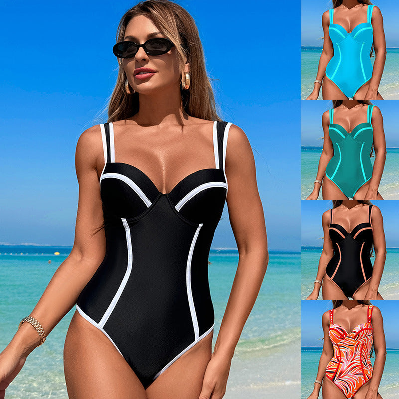 New Women's Swimsuit High-End One-Piece Black and White Striped High-Waist Sexy Bikini Tummy-Control Slimming Conservative Beach Swimwear - Seldom Seen Styles