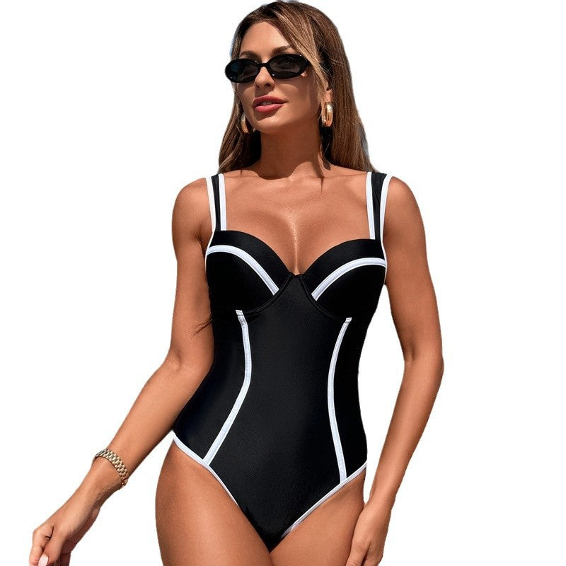 New Women's Swimsuit High-End One-Piece Black and White Striped High-Waist Sexy Bikini Tummy-Control Slimming Conservative Beach Swimwear - Seldom Seen Styles