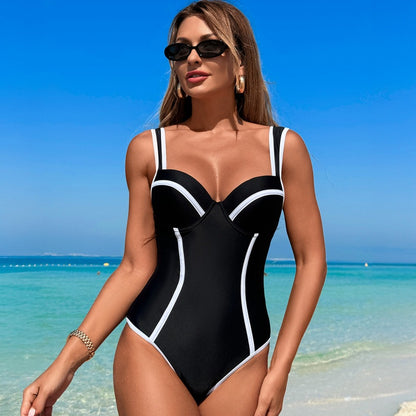 New Women's Swimsuit High-End One-Piece Black and White Striped High-Waist Sexy Bikini Tummy-Control Slimming Conservative Beach Swimwear - Seldom Seen Styles