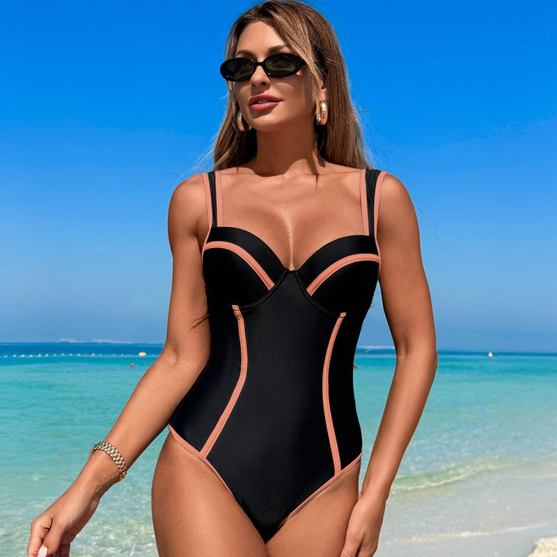 New Women's Swimsuit High-End One-Piece Black and White Striped High-Waist Sexy Bikini Tummy-Control Slimming Conservative Beach Swimwear - Seldom Seen Styles