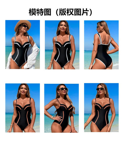 New Women's Swimsuit High-End One-Piece Black and White Striped High-Waist Sexy Bikini Tummy-Control Slimming Conservative Beach Swimwear - Seldom Seen Styles