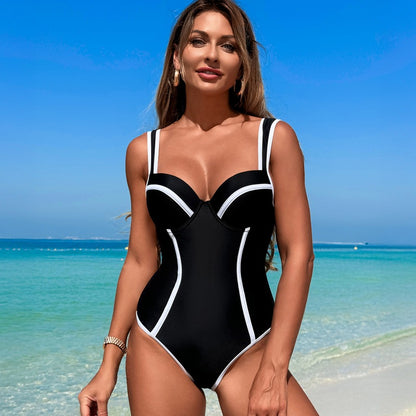 New Women's Swimsuit High-End One-Piece Black and White Striped High-Waist Sexy Bikini Tummy-Control Slimming Conservative Beach Swimwear - Seldom Seen Styles