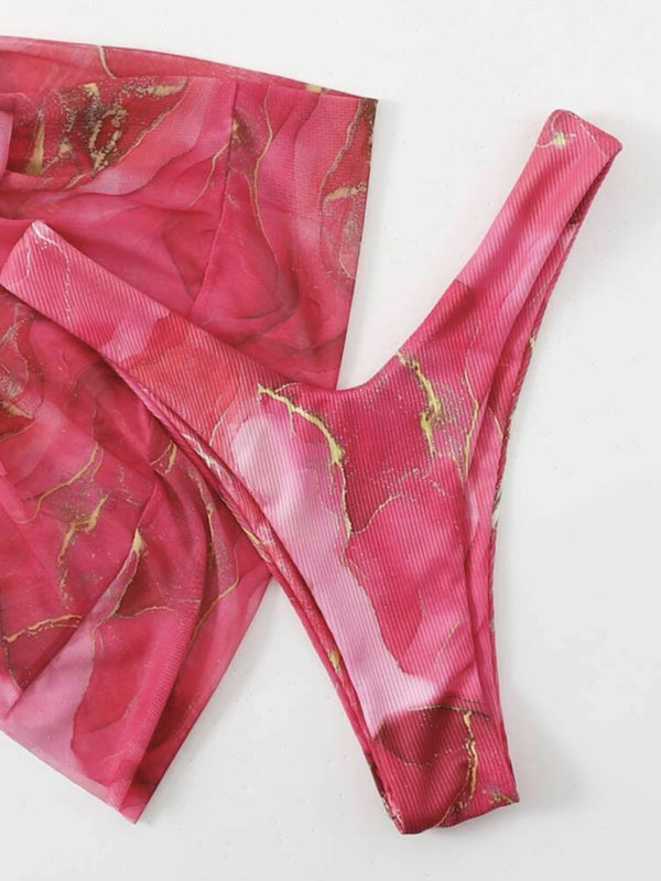 Women's 3 Piece Swimsuit Marble Print Underwire Bikini Set Bathing Suit with Sarong Wraps Cover Up - Seldom Seen Styles