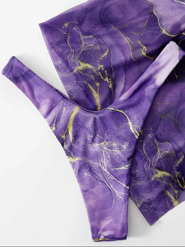 Women's 3 Piece Swimsuit Marble Print Underwire Bikini Set Bathing Suit with Sarong Wraps Cover Up - Seldom Seen Styles