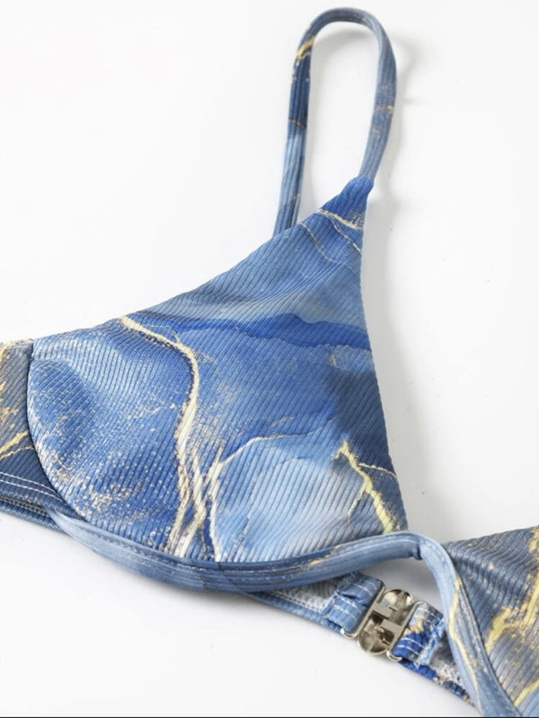 Women's 3 Piece Swimsuit Marble Print Underwire Bikini Set Bathing Suit with Sarong Wraps Cover Up - Seldom Seen Styles