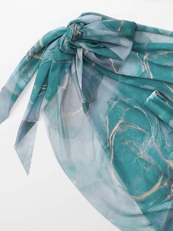 Women's 3 Piece Swimsuit Marble Print Underwire Bikini Set Bathing Suit with Sarong Wraps Cover Up - Seldom Seen Styles