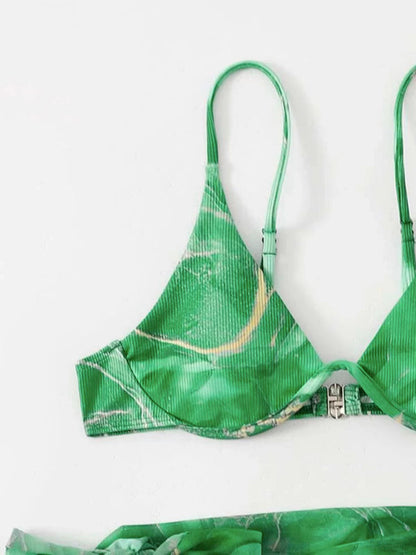 Women's 3 Piece Swimsuit Marble Print Underwire Bikini Set Bathing Suit with Sarong Wraps Cover Up - Seldom Seen Styles