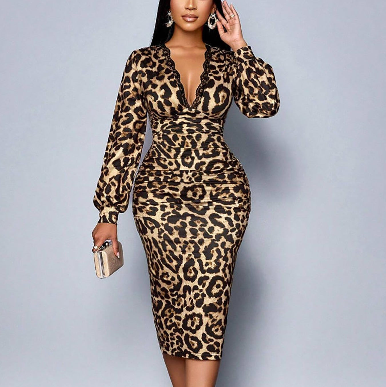 Leopard print long-sleeved slit V-neck maxi dress