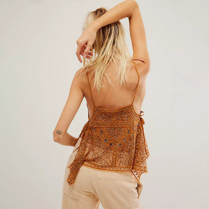 Women Y2K Sequin Mesh Tank Top Glitter Floral Embroidered Cami Crop Top Sleeveless Backless Rhinestone Camisole - Seldom Seen Styles