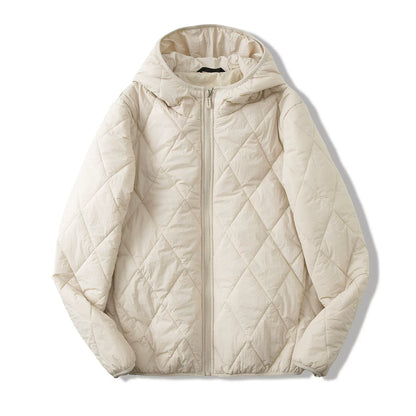 Light and warm mulberry silk men and women outdoor windproof hooded rhombus cotton clothes cotton jacket men and women