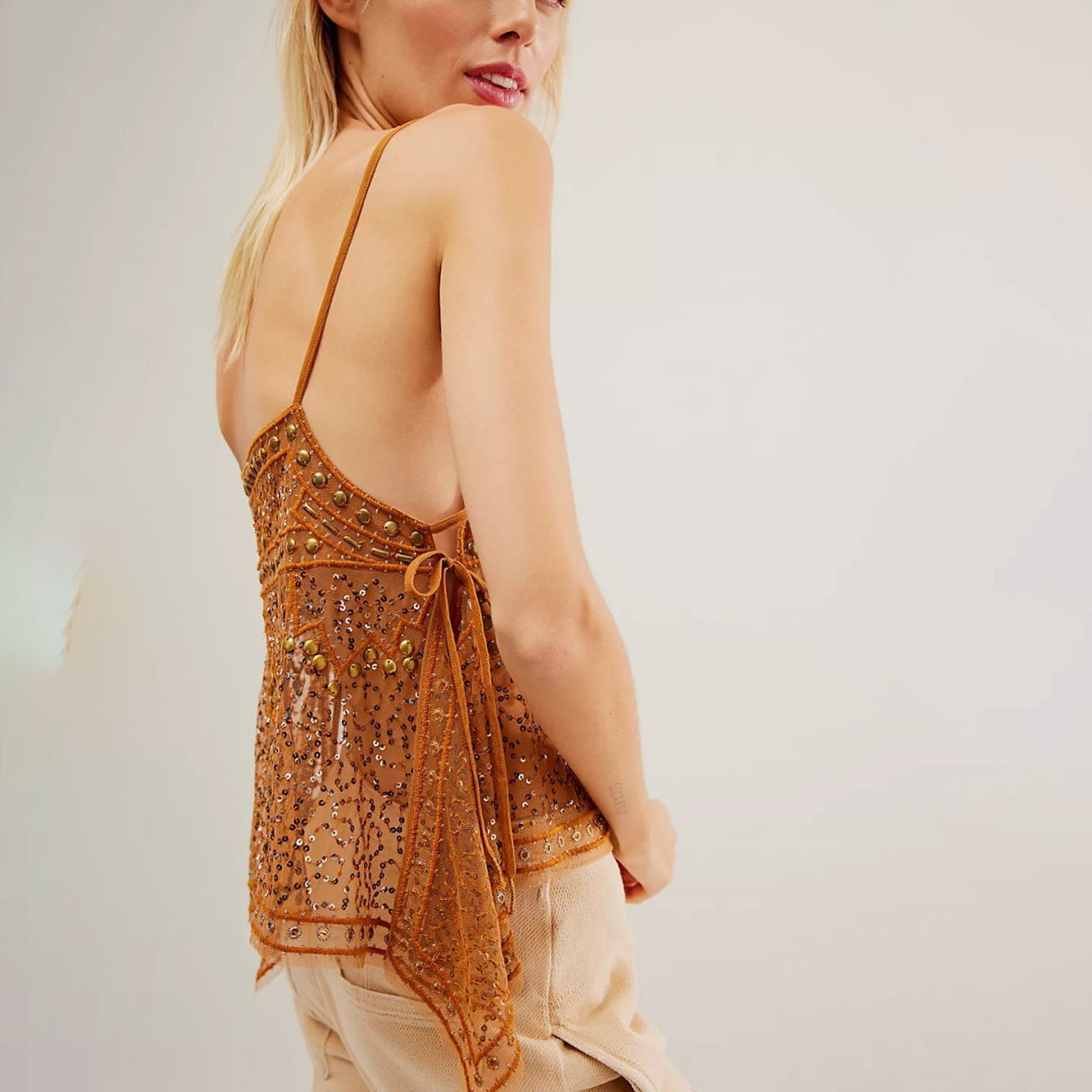 Women Y2K Sequin Mesh Tank Top Glitter Floral Embroidered Cami Crop Top Sleeveless Backless Rhinestone Camisole - Seldom Seen Styles