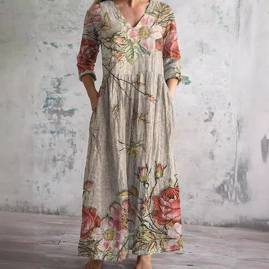 Women's Vintage Smocked Floral Print Maxi Dresses with Pockets Spring Summer Casual Colorful Long Sleeve V Neck Dress - Seldom Seen Styles