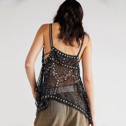 Women Y2K Sequin Mesh Tank Top Glitter Floral Embroidered Cami Crop Top Sleeveless Backless Rhinestone Camisole - Seldom Seen Styles