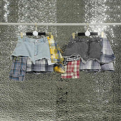 Kenna Grid Deconstruct Patchwork Mini Skirt In Blue