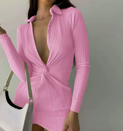 Océane Vêtements -Ophélie Ribbed Plunging V Long Sleeve Mini Dress - Seldom Seen Styles