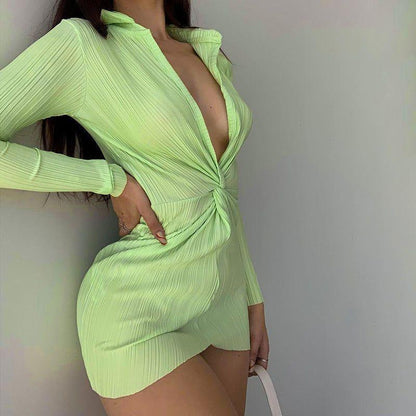 Océane Vêtements -Ophélie Ribbed Plunging V Long Sleeve Mini Dress - Seldom Seen Styles