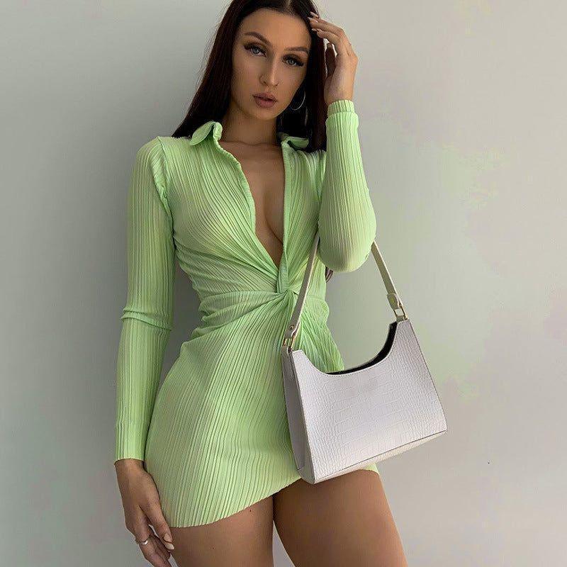 Océane Vêtements -Ophélie Ribbed Plunging V Long Sleeve Mini Dress - Seldom Seen Styles