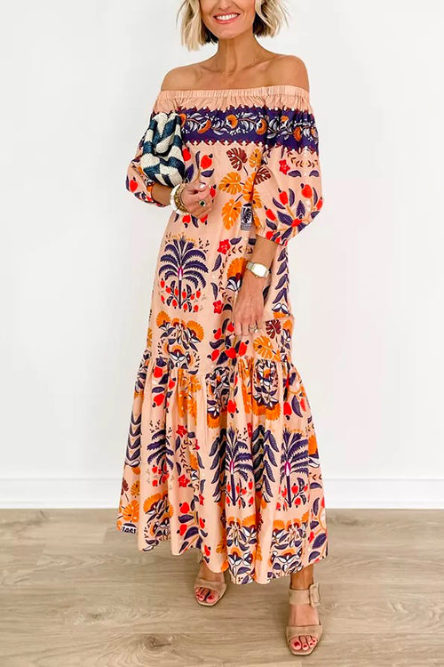 Off Shoulder Lantern Sleeves Printed Ruffle Maxi Dress - Seldom Seen Styles
