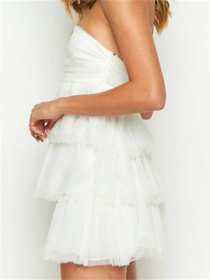 Off Shoulder Solid Strapless Ruffles Party Mini Dresses - Seldom Seen Styles