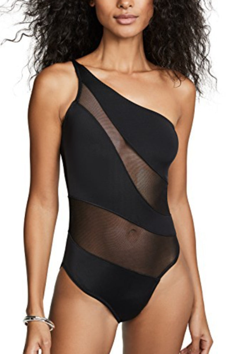 One Shoulder Patchwork Black One-piece Swimsuit - Seldom Seen Styles