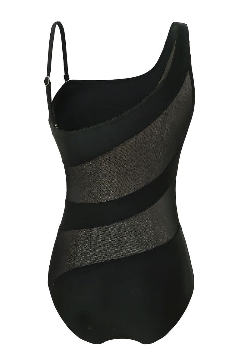 One Shoulder Patchwork Black One-piece Swimsuit - Seldom Seen Styles